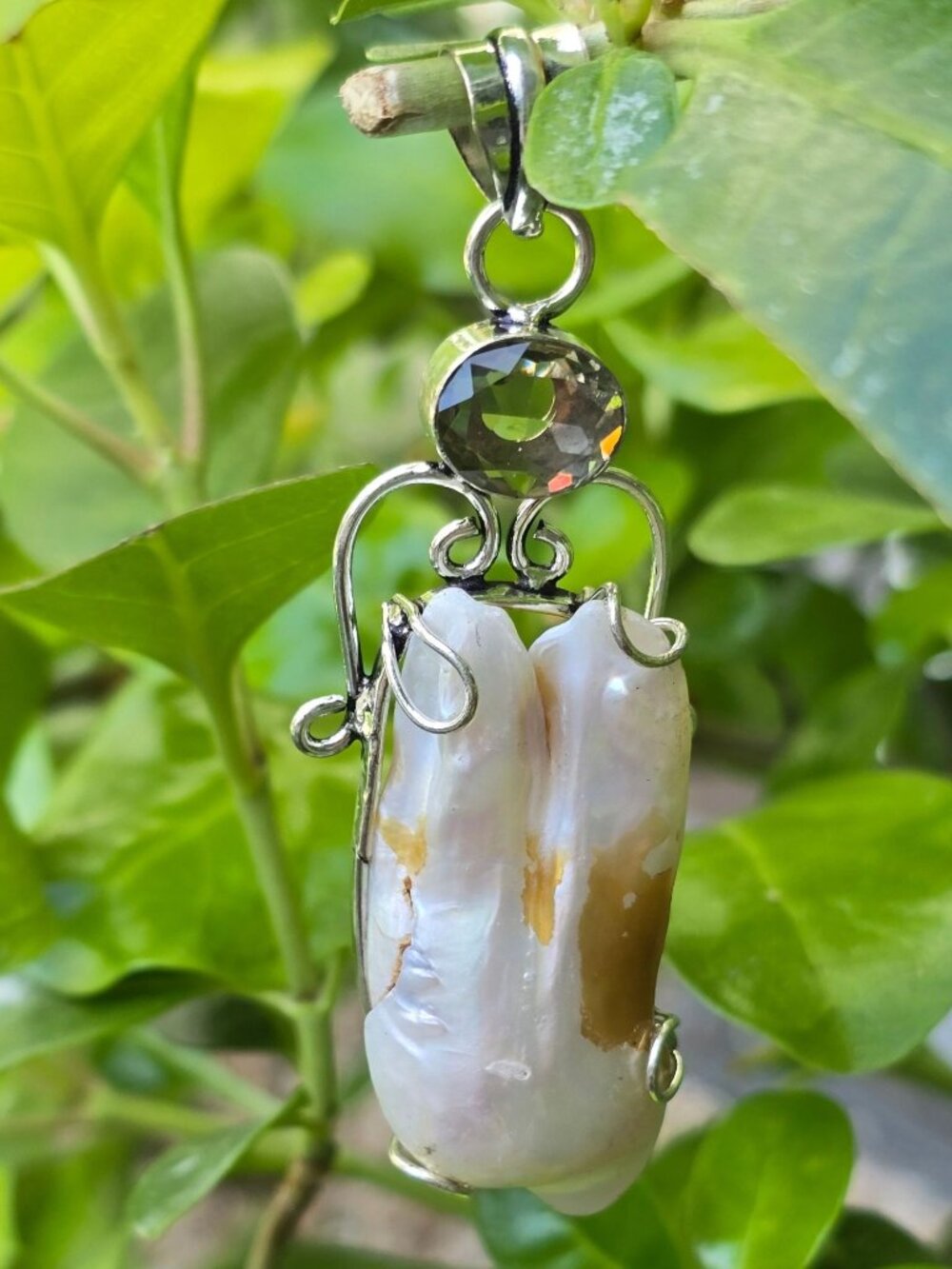 Artisan Biwa Pearl Smoky Quartz Sterling Silver Baroque Pendant Gothic Alt NWOT